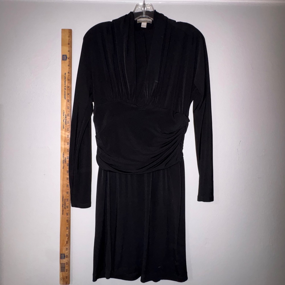 Andrea Behar Boston Proper Black Ruched V-Neck Long Sleeve Cocktail Dress M USA
